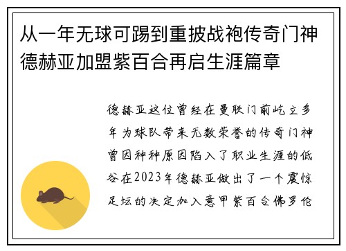 从一年无球可踢到重披战袍传奇门神德赫亚加盟紫百合再启生涯篇章