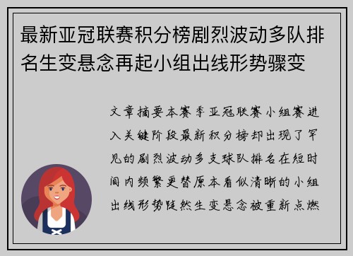 最新亚冠联赛积分榜剧烈波动多队排名生变悬念再起小组出线形势骤变 最新亚冠联赛积分榜剧烈波动多队排名生变悬念再起小组出线形势骤变