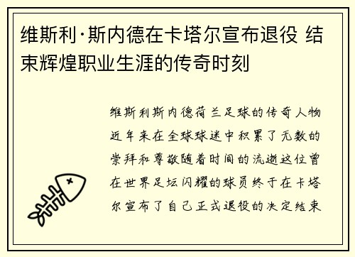 维斯利·斯内德在卡塔尔宣布退役 结束辉煌职业生涯的传奇时刻