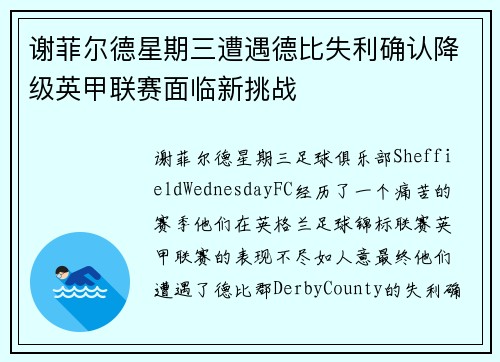 谢菲尔德星期三遭遇德比失利确认降级英甲联赛面临新挑战